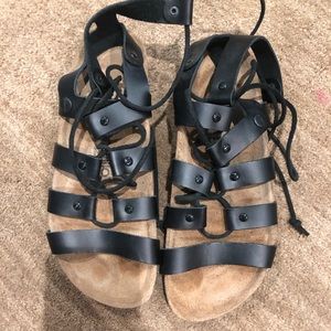 NWOT Papillo / Birkenstock Cleo 37 Narrow Lace Up Black Gladiator Sandals